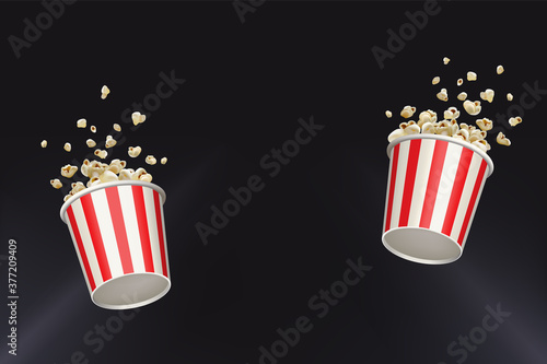Popcorn splash movie round bucket cup. Realistic vector banner cinema pop corn paper bowl red white box. Blow up flying pop corn. Oops fall down. Isolated advertisemnt illustration