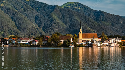 Beautiful alpine summer view of Rottach-Egern with reflections at the famous Tegernsee, Bavaria, Germany