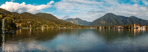 High resolution stitched panorama of a beautiful alpine summer view of Rottach-Egern with reflections at the famous Tegernsee, Bavaria, Germany