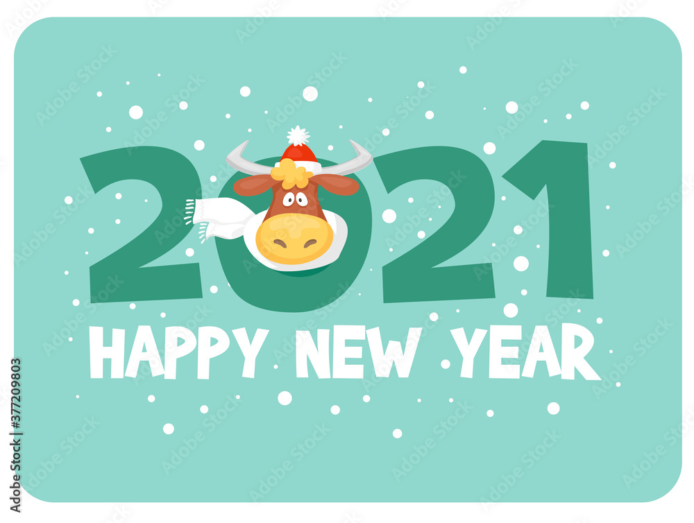 Happy new 2021 year of the bull. Cute cartoon vector greeting card or banner. Happy new 2021 year of the bull. Cute cartoon vector greeting card or banner.