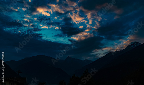 Beautiful sunrise with dramatic clouds near Finkenberg  Tyrol  Austria