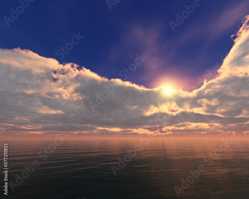 Sunset over the sea, seascape, ocean sunrise, sun in a cloud over water, clouds and sea, 3D rendering