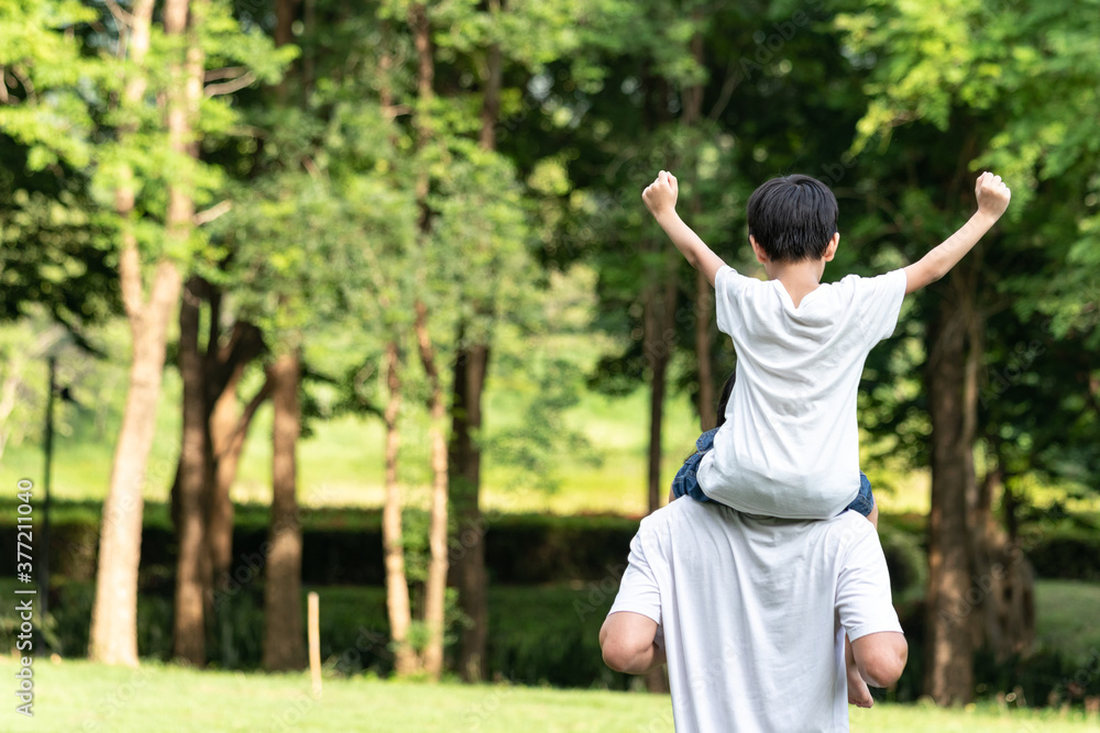 Dad giving son ride on back in the park. Asian family cute and warm. Father and child having fun outdoors. Dad giving son ride on back in the park. Asian family cute and warm. Father and child having fun outdoors.