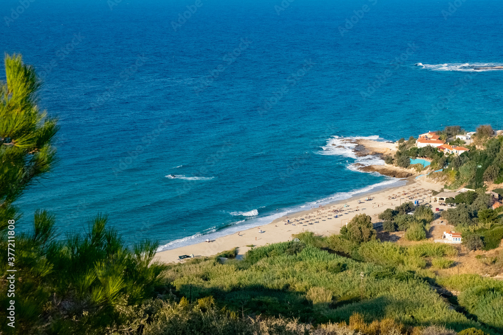 Livadi sand beach in Ikaria seen from above, aerial view