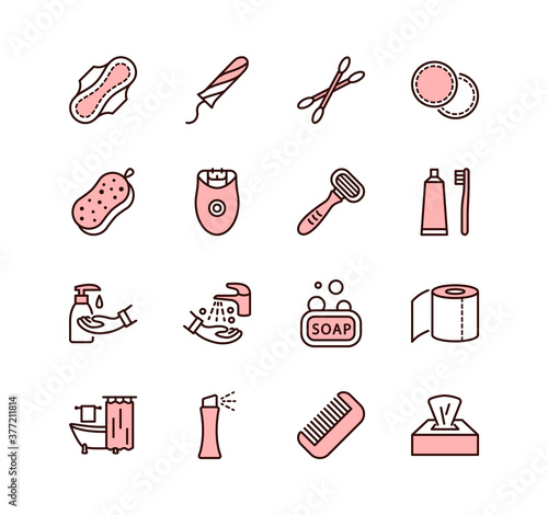 Personal hygiene products flat line icon set. Pink color. Hygiene for girls. Editable strokes.