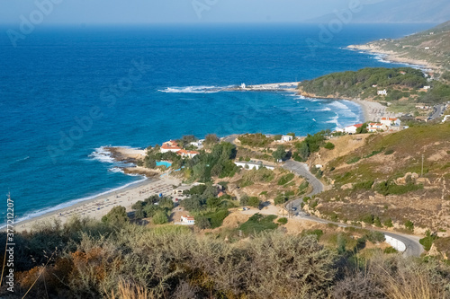 Aerial view of Ikaria coast with Livadi, Mesakti and Gialiskari 