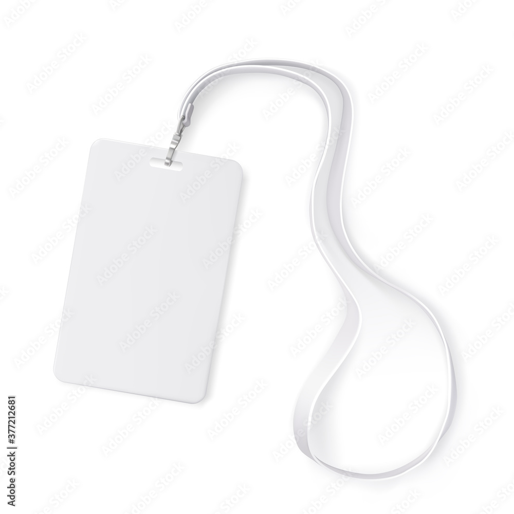 Clear plastic badge id card with white neck lanyard. Realistic vector illustration - obrazy, fototapety, plakaty 