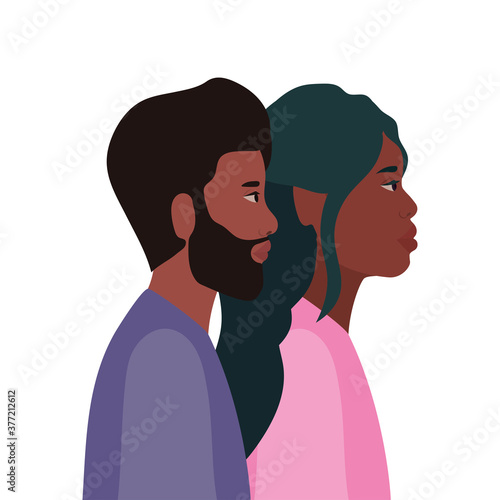 black woman and black man cartoon in side view vector design