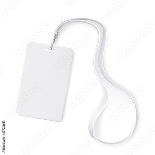 Clear plastic badge id card with white neck lanyard. Realistic vector illustration