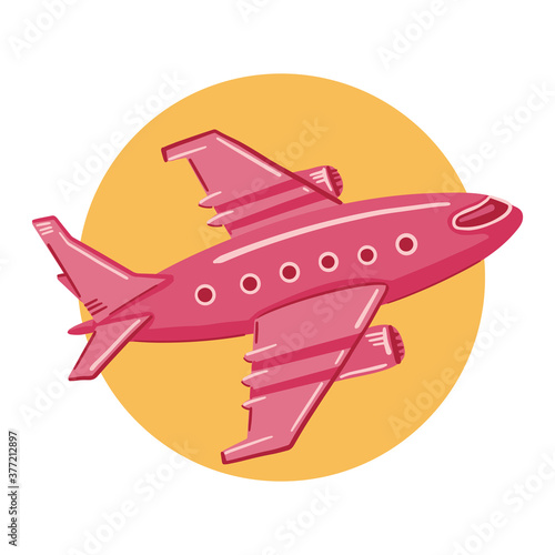 Illustration of a pink plane flies on a yellow circle background. Simple, cute style.