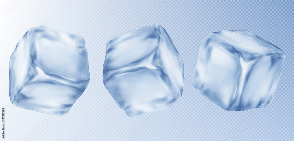 Three ice cubes, isolated on transparent background. Vector illustration. Three ice cubes, isolated on transparent background. Vector illustration.