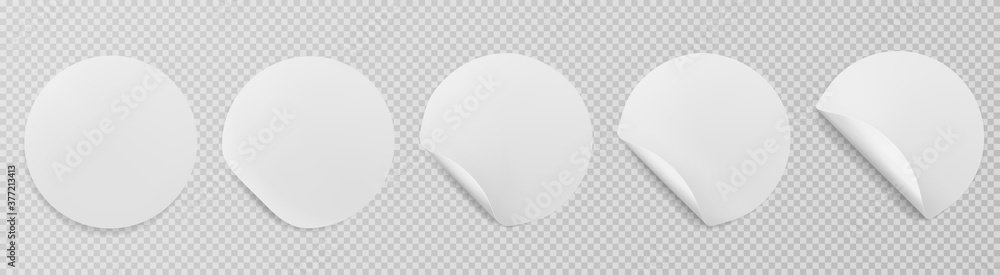 Set of vector white paper stickers of round shapes with curved corners isolated on transparent background. Set of vector white paper stickers of round shapes with curved corners isolated on transparent background.