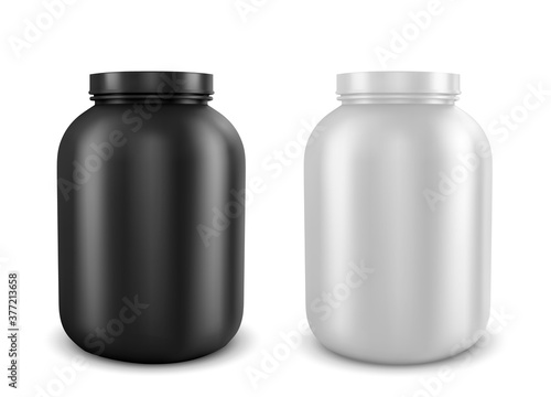 Vector realistic illustration of cans with types of sports nutrition. Vector illustration