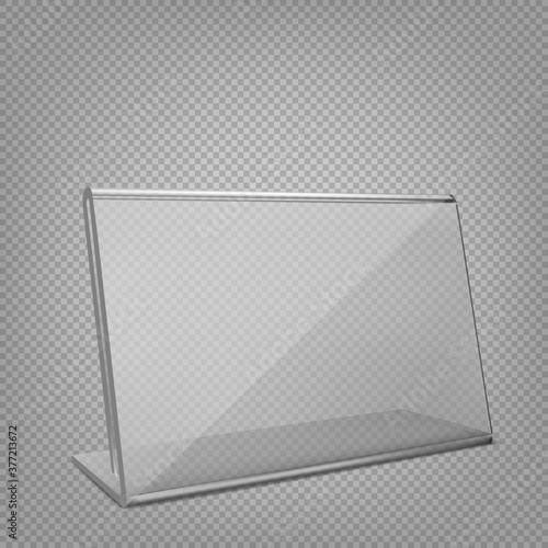 Display stand or acrylic table tent. Isolated on transparent background. Vector empty plastic frame