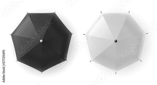 Vector realistic white and black blank umbrella closeup Isolated on white background. Mock-up top view