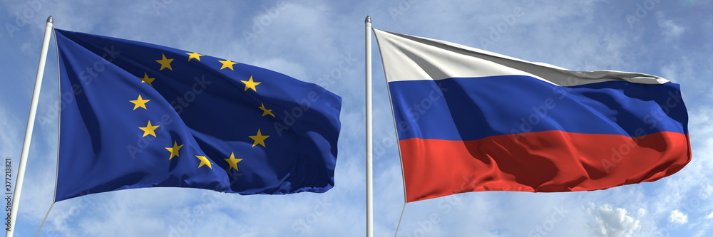 Flying flags of the European Union and Russia on high flagpoles. 3d rendering Flying flags of the European Union and Russia on high flagpoles. 3d rendering