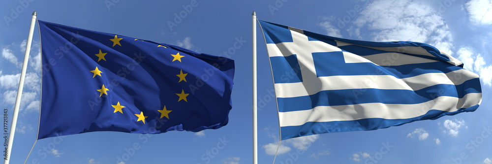 National flags of the European Union and Greece, 3d rendering National flags of the European Union and Greece, 3d rendering