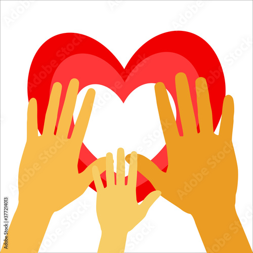 People hands and heart on a white background. Family symbol. Color illustration. Care and humanity background with hands illustration for help and charity symbol