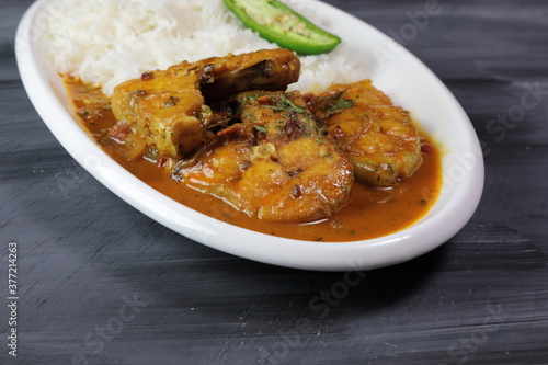 A platter of North Indian style Fish curry with Rice