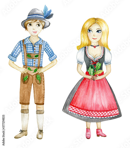 Watercolor bavarian traditional decorative folk elements. Hand drawn people in national costumes. German festival illustration isolated on white background.