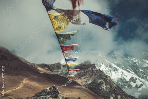 Prayer flags in the mountains in Nepal