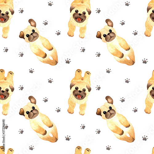 Watercolor seamless pattern with pug puppies