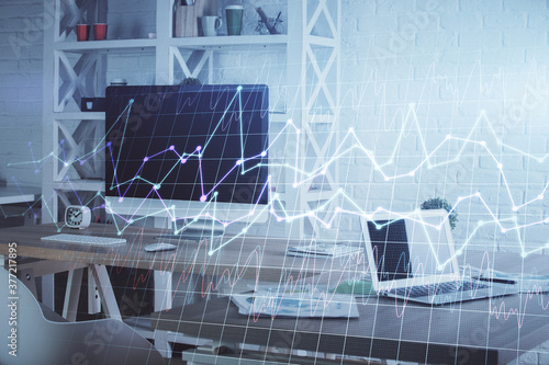 Double exposure of financial graph drawing and office interior background. Concept of stock market.