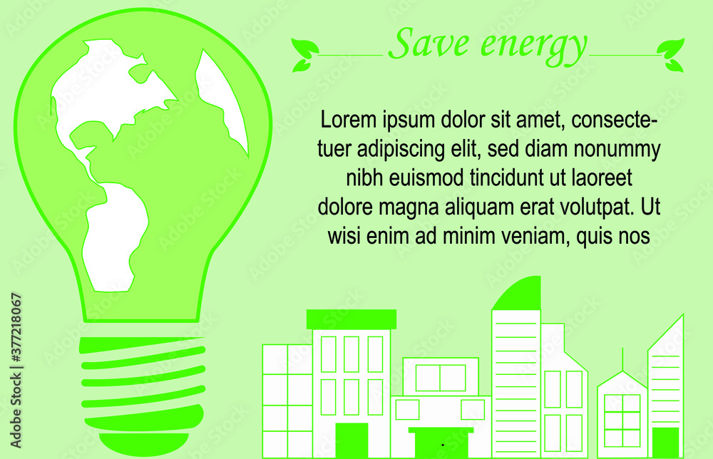 Ilustración vectorial para concienciar sobre el ahorro de energía, bombilla gigante con mapa en el interior, edificios en el lado derecho, fondo verde claro y texto