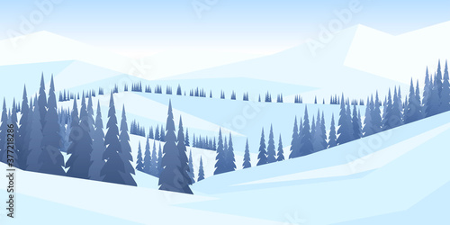 Vector illustration. Flat landscape. Snowy background. Snowdrifts. Clear blue sky. Cartoon wallpaper. Cold weather. Winter season. Forest trees and mountains. Design for website, poster, banner