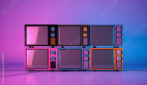 3d rendering, Realistic mock up of colorful vintage television set, monitor blank empty space, pink and blue glowing colors background. photo