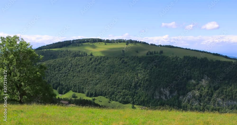 Shadow of the clouds passing by the mountain. Fresh green meadows, and forest on slopes of Jura mountains, swiss idyll landscape, summer day. Naturpark Thal, Switzerland. Shadow of the clouds passing by the mountain. Fresh green meadows, and forest on slopes of Jura mountains, swiss idyll landscape, summer day. Naturpark Thal, Switzerland.