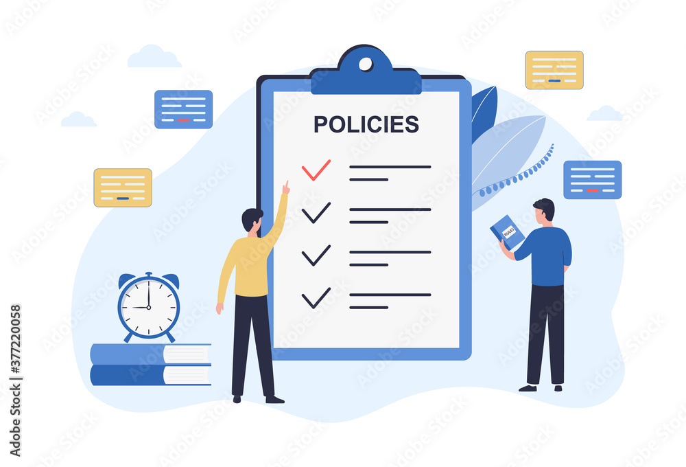 Regulatory compliance concept. Business people, leaders create and edit rules for making decisions and achieving the long-term goals of the organization. Flat vector illustration on white background Regulatory compliance concept. Business people, leaders create and edit rules for making decisions and achieving the long-term goals of the organization. Flat vector illustration on white background