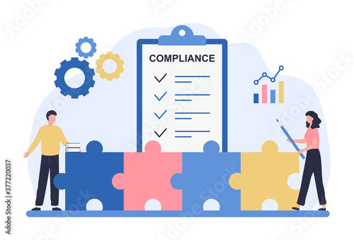 Regulatory compliance concept. Business people read laws, discuss changes, plan the implementation of rules and the development of the company. Flat vector illustration isolated on white background photo