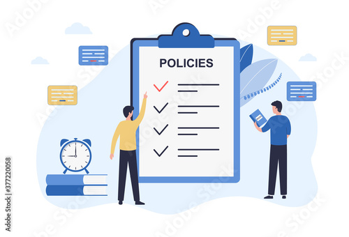 Regulatory compliance concept. Business people, leaders create and edit rules for making decisions and achieving the long-term goals of the organization. Flat vector illustration on white background