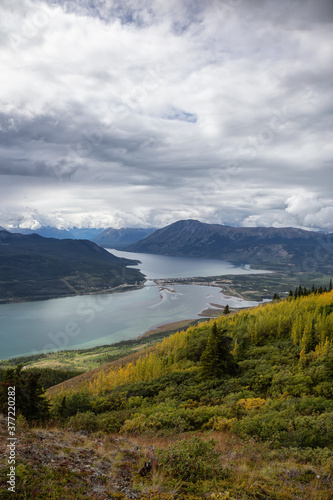 Beautiful View of a small Touristic Town, Carcross, surounded by Canadian Mountain Landscape. Located near Whitehorse, Yukon, Canada. © edb3_16
