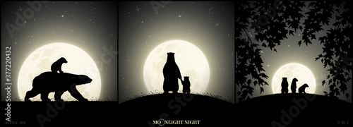 Polar bears family walking in grass on moonlight night. Animal baby silhouette on back of mother. Landscape framed by branches. Full moon in starry sky. Black and white vector illustration set