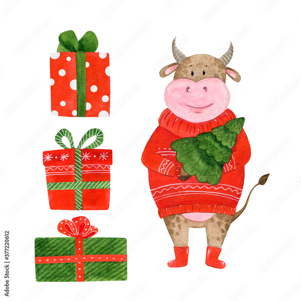 Clipart red christmas sock for gifts with ornament. New Year's, children's illustration in watercolor on a white background. Clipart red christmas sock for gifts with ornament. New Year's, children's illustration in watercolor on a white background.