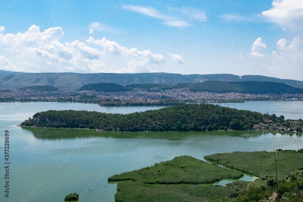 Panorama view of the Ioannina lake with city on the background