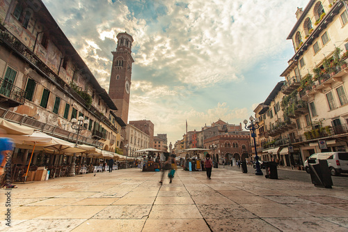 Wide angle view of Piazza delle Erbe in Verona in Italy photo