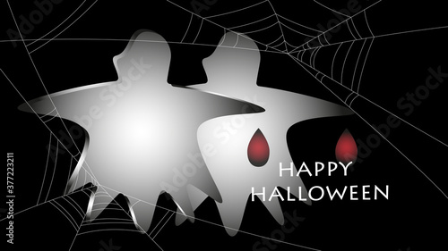 Ghosts on black background with spiderweb and happy halloween letters