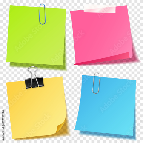 Realistic colorful blank sticky notes with clip binder. Colored sheets of note papers. Paper reminder. Vector illustration.