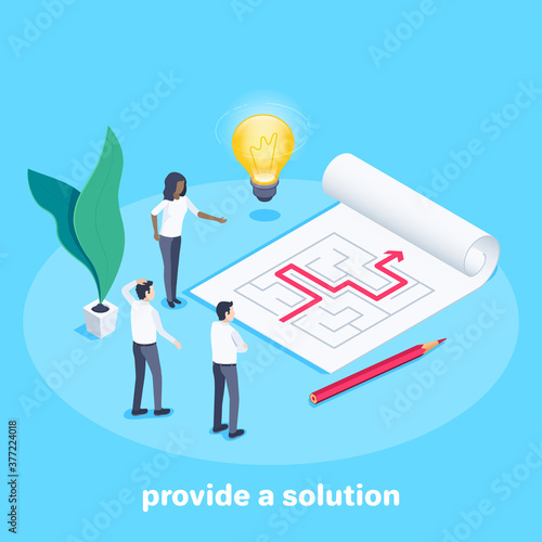 isometric vector image on a blue background, people are standing near a sheet of paper on which a plan for passing the maze is drawn, provide a solution