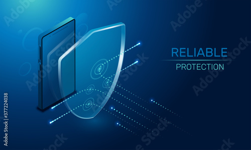isometric vector image on a dark background, a transparent shield covering the lsmartphone from virus attacks, reliable protection