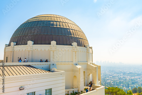 Entrance to Griffith Observatory in Los Angeles, California, famous tourist attraction and landmark park in the city hills on Mount Hollywood