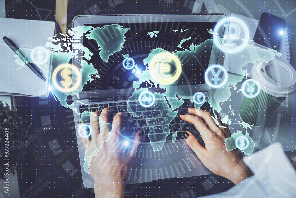 Double exposure of woman hands typing on computer and forex chart hologram drawing. Stock market invest concept. Double exposure of woman hands typing on computer and forex chart hologram drawing. Stock market invest concept.