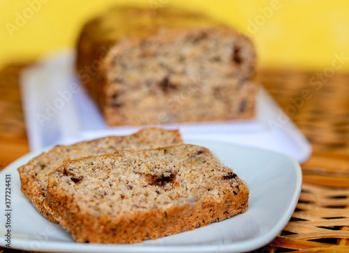 Banana cake sliced on plate