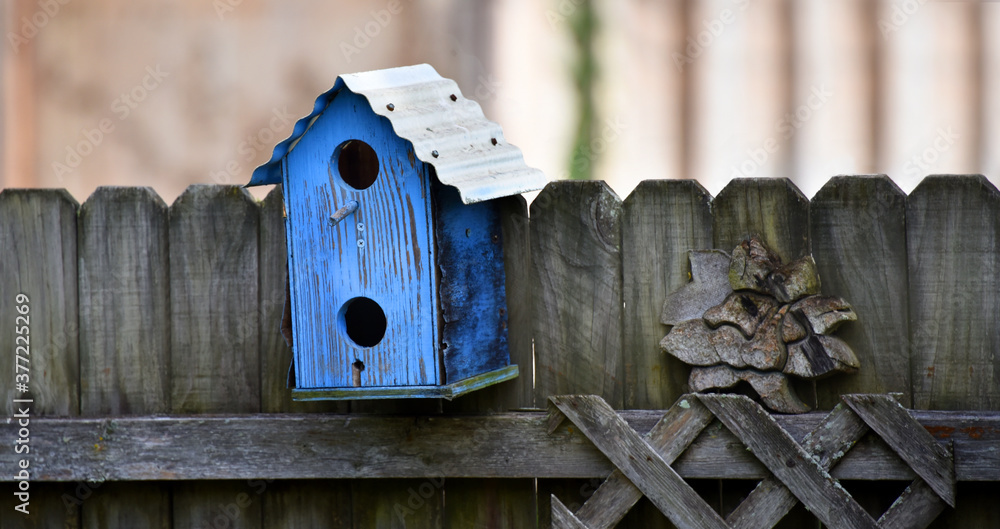 Blue Birdhouse on Rustic Fence Blue Birdhouse on Rustic Fence