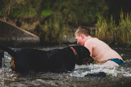 Boy and dog swimming together in beautiful river in central New South Wales, Australia