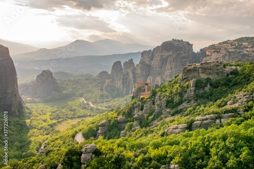 Views of Meteora from above in a misty afternoos