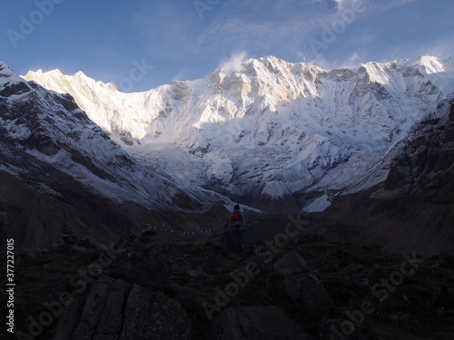 A mountain climber gaze at the snow-covered Himalayas, which rise majestically in the clear early morning air, ABC (Annapurna Base Camp) Trek, Annapurna, Nepal